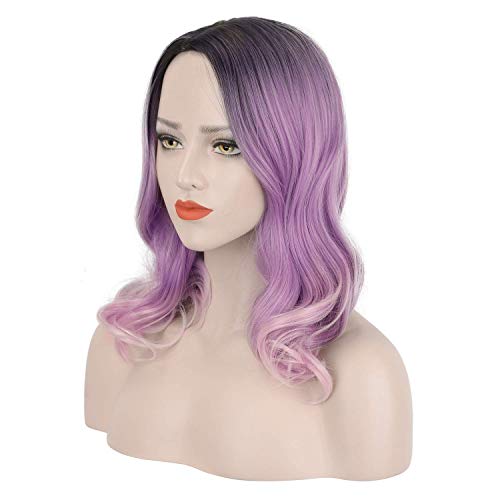 FESHFEN Pelucas Bob Cortas Pelo Natural Onduladas Ombre Lila a Rosa Claro, 45 cm Short Bob Wig Cosplay Parte Halloween Pelucas Mujer Niña Peluca Sintética Curly Wavy Wigs