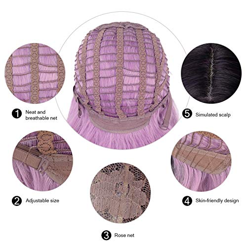 FESHFEN Pelucas Bob Cortas Pelo Natural Onduladas Ombre Lila a Rosa Claro, 45 cm Short Bob Wig Cosplay Parte Halloween Pelucas Mujer Niña Peluca Sintética Curly Wavy Wigs