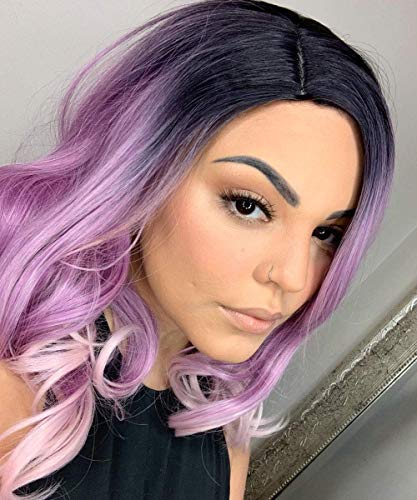 FESHFEN Pelucas Bob Cortas Pelo Natural Onduladas Ombre Lila a Rosa Claro, 45 cm Short Bob Wig Cosplay Parte Halloween Pelucas Mujer Niña Peluca Sintética Curly Wavy Wigs