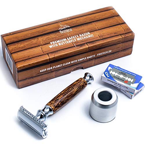 Firsteco® PREMIUM maquinilla afeitar clásica set mariposa + soporte + 20 cuchillas + EBOOK | mango de bambú madera navaja afeitar barbero hecha a mano hombre mujer seguridad peine cerrado