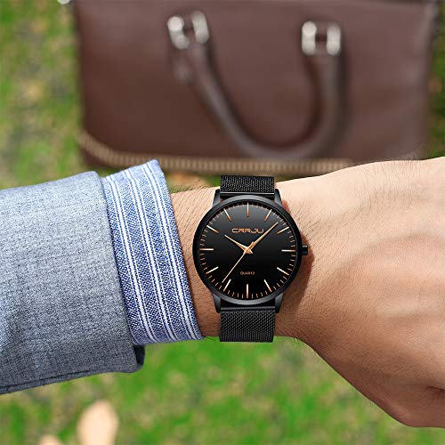 FIZILI - Reloj de pulsera para hombre, color negro, ultra delgado, minimalista, a la moda, resistente al agua, para hombres, niños, negocios, caballeros, vestido de lujo, casual, reloj de cuarzo para