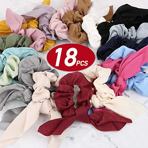 FLOFIA 18pcs Coleteros de Pelo Lazo Gomas Elásticas para Pelo Mujer Scrunchies con Lazo de Gasa Multicolor Pañuelos para Pelo Mujer Patron Conejo Oreja Accesorios Banda De Tela Suave para Cabello
