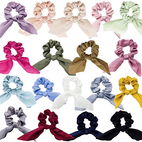 FLOFIA 18pcs Coleteros de Pelo Lazo Gomas Elásticas para Pelo Mujer Scrunchies con Lazo de Gasa Multicolor Pañuelos para Pelo Mujer Patron Conejo Oreja Accesorios Banda De Tela Suave para Cabello