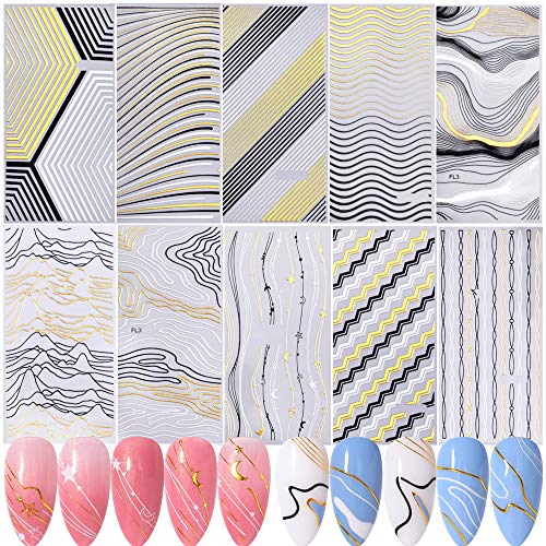 FLOFIA Pegatinas Uñas Líneas Geométricas Rayas Adhesivas Decorativas Dorado Oro y Negro Blanco Stripe Line Calcomanías Cinta Uñas Etiquetas Engomadas Nail Art Stickers Gel Manicura DIY, 10 Estilos