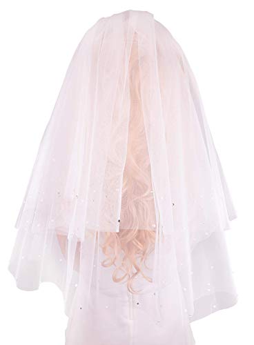 Flora - Velo de primera comunión/Brial de 2 niveles con diamantes de imitación y perlas, 23 pulgadas de largo blanco crema