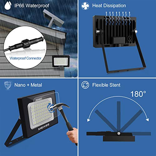 Foco Solar Exterior MEIKEE 60 LED Foco Solar 300LM, Lámpara Solar para Jardín, lluminacion Exterior IP66 Impermeable, Panel Solar con Batería 4000mAh, Para Jardín, Garaje, Patio - Blanco Frío (6000K)