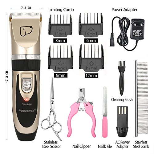 Focuspet Cortapelos para Perro, Profesionales para Perros Gatos Mascotas, Bajo Ruido Peine de Guía Ajustable Peluquería para Mascotas, Recortadora para Perros Clippers para Animal Belleza