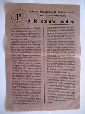 Folleto Publicidad - Advertisng Brochure : PARTIDO REPUBLICANO CONSERVADOR. A la opinión de Murcia nº1