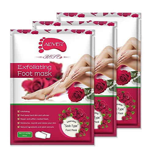 Foot Peel Mask 3 pares, repare el talón áspero y elimine la piel muerta y las callosidades, mascarilla exfoliante natural para spa para pieles secas, hombres y mujeres (Rosa)