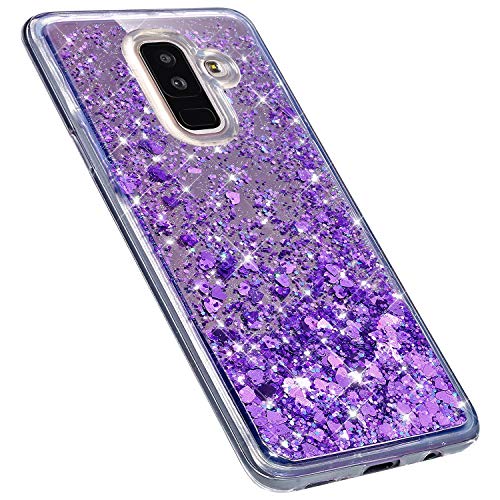 Funda Compatible con Samsung Galaxy A6 Plus 2018.KunyFond Carcasa Espejo Brillante Arena Movediza Glitter Bling Brillo Diamante Cristal Transparente 3D Creativo Sparkly Liquid TPU Bumper Cover,Púrpura