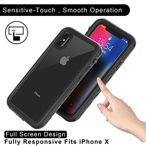 Funda Impermeable iPhone XS iPhone X, IP68 Waterproof Outdoor Delgado Cover a prueba de choques Anti-rasguños Full Body con Protector de Pantalla Impermeable Funda para iPhone XS X(Black A With Strap)