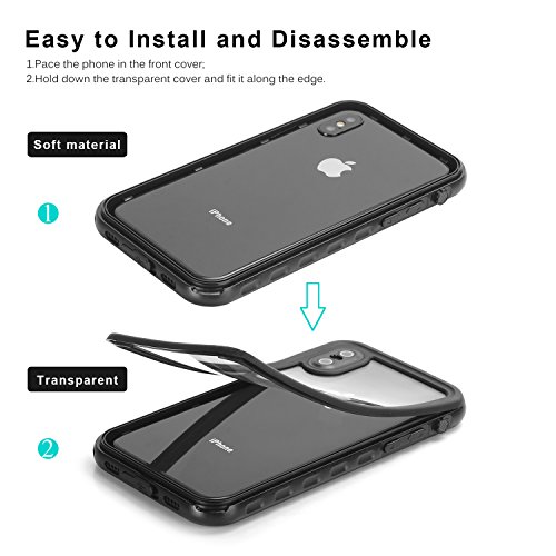 Funda Impermeable iPhone XS iPhone X, IP68 Waterproof Outdoor Delgado Cover a prueba de choques Anti-rasguños Full Body con Protector de Pantalla Impermeable Funda para iPhone XS X(Black A With Strap)