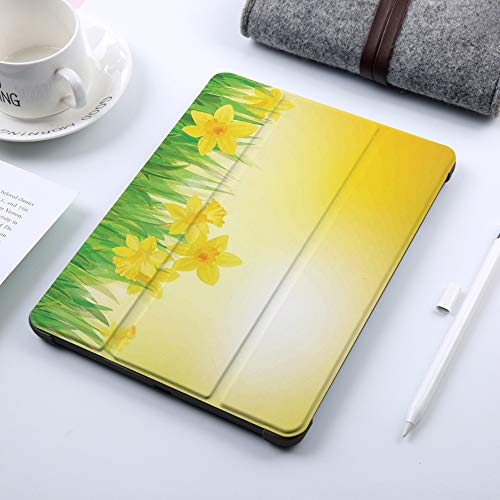 Funda iPad 10.2 Inch 2018/2019,Decoración de narcisos, Flores de Narciso en Primavera Prado Campo Naturaleza Sol ilustración, Verde Amarillo,Cubierta Trasera Delgada Smart Auto Wake/Sleep