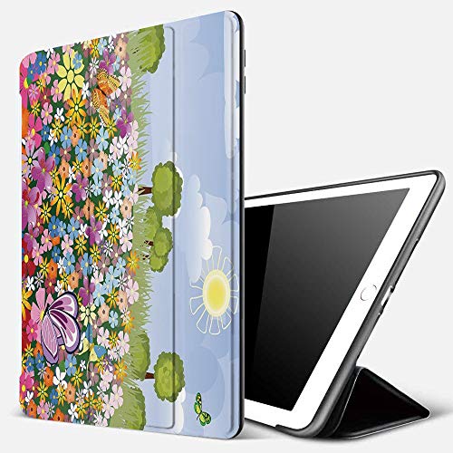 Funda iPad 10.2 Inch 2018/2019,Vivero, floreciente Prado de Primavera con Flores de Colores Mariposas Árboles Crecimiento Follaje Decorativo, Mult,Cubierta Trasera Delgada Smart Auto Wake/Sleep
