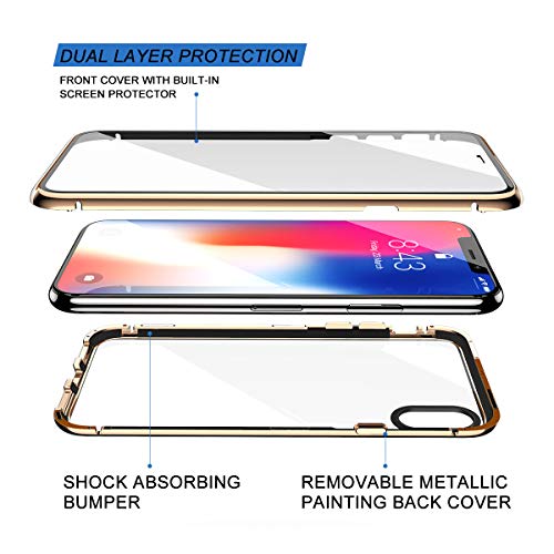 Funda iPhone X/XS, ZHIKE Estuche de Adsorción Magnético Frente y Parte Posterior de Vidrio Templado Cobertura de Pantalla Completa Diseño de una Pieza Cubierta con Tapa para Apple iPhone X/XS (Dorado)