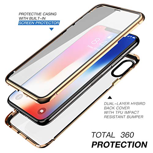 Funda iPhone X/XS, ZHIKE Estuche de Adsorción Magnético Frente y Parte Posterior de Vidrio Templado Cobertura de Pantalla Completa Diseño de una Pieza Cubierta con Tapa para Apple iPhone X/XS (Dorado)
