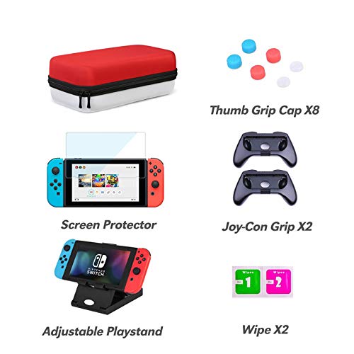 Funda para Nintendo Switch, HEYSTOP 11 en 1 Nintendo Switch Estuche portátil Incluye 2 Joy-Con Grips para Nintendo Switch, PlayStand ajustable, Protector de Pantalla con 6 Tapas de Agarre para Pulgar