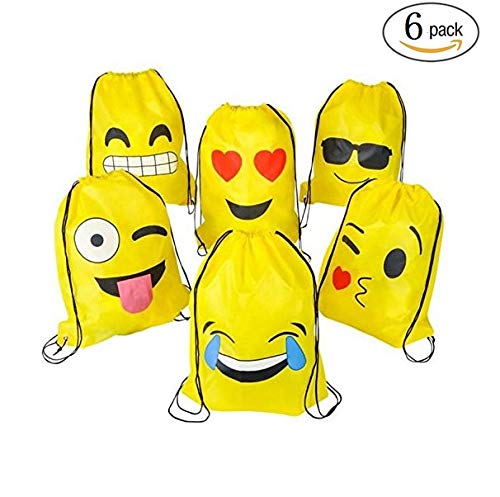 FUNNY HOUSE Emoji Bolsas de Cuerdas，Emoji Cordón Mochila Bolsas Regalo Cumpleaños Deporte Gimnasio Backpack para Niños Niñas Fiesta （6Pcs）