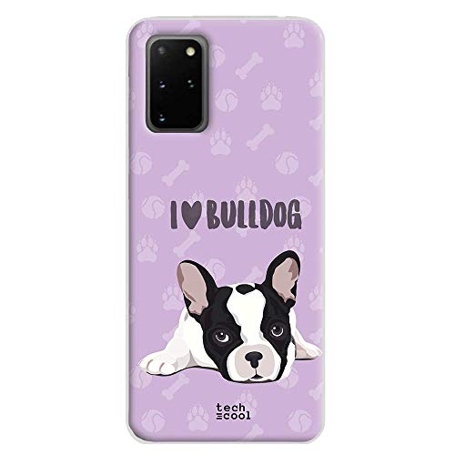 Funnytech® Funda Silicona para Samsung Galaxy S20 Plus [Gel Silicona Flexible, Diseño Exclusivo] Mascotas I Love Bulldog Frances Fondo Morado