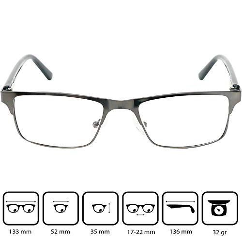 Gafas de Lectura con Cristales Rectangulares, Montura de Acero Inoxidable (Grafito), Funda GRATIS, Gafas Para Leer Hombre y Mujer +2.5 Dioptrías