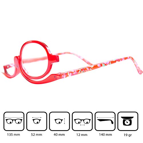 Gafas de Maquillaje, Gafas Para Maquillarse con Lente Abatible,Gafas con Lente que Gira Para Ayudarte con el Maquillaje con Funda Gratuita, Dioptrías +2.5(Rojo)