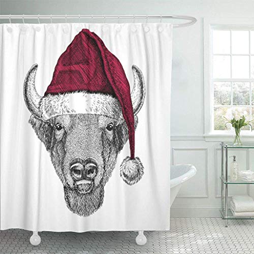 Ganchos de cortina de ducha de tela impermeable Buffalo Bison Ox Bull Navidad Animal salvaje con sombrero de Papá Noel Rojo Vacaciones de invierno Feliz nuevo baño Inodoro Ecológico Anti Bacteriano