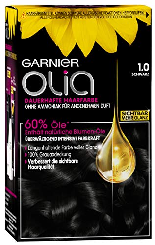 Garnier Olia - Tinte para coloración de cabello, color negro 1.0. Contiene un 60% de aceites florales para mayor intensidad de color – sin amoniaco – 3 unidades