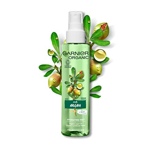 Garnier Spray facial hidratante de argán orgánico para piel seca y sensible, hidratante y refrescante niebla facial, 150 ml