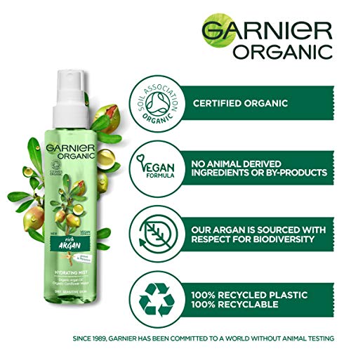Garnier Spray facial hidratante de argán orgánico para piel seca y sensible, hidratante y refrescante niebla facial, 150 ml