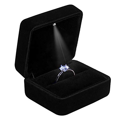 GBYAN Caja de Terciopelo para Anillo con luz LED Caja de Regalo para proposición, Compromiso, Boda (Negro)