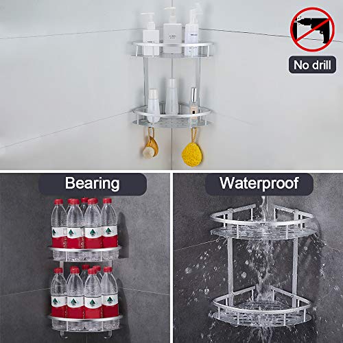 GERUIKE Estante Ducha Rinconera Ducha Estanteria Baño Cesta Ducha Adhesiva Bandeja almacenaje con 2 Ganchos para baño Cocina 2 Niveles Rinconera de Ducha Aluminio Taladro Plateado
