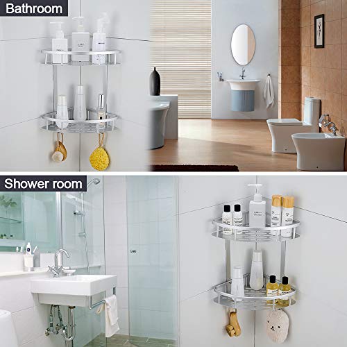 GERUIKE Estante Ducha Rinconera Ducha Estanteria Baño Cesta Ducha Adhesiva Bandeja almacenaje con 2 Ganchos para baño Cocina 2 Niveles Rinconera de Ducha Aluminio Taladro Plateado
