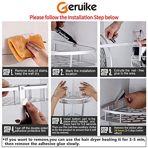 GERUIKE Estante Ducha Rinconera Ducha Estanteria Baño Cesta Ducha Adhesiva Bandeja almacenaje con 2 Ganchos para baño Cocina 2 Niveles Rinconera de Ducha Aluminio Taladro Plateado