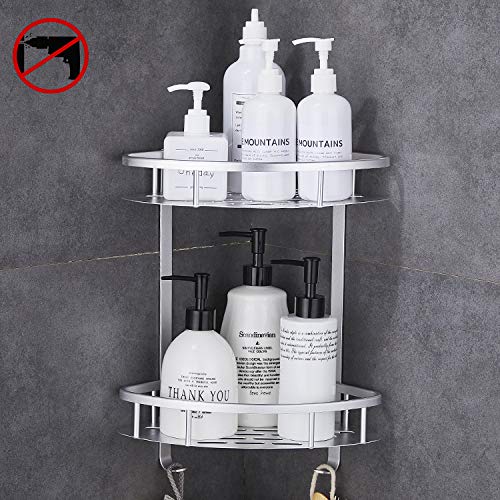 GERUIKE Estante Ducha Rinconera Ducha Estanteria Baño Cesta Ducha Adhesiva Bandeja almacenaje con 2 Ganchos para baño Cocina 2 Niveles Rinconera de Ducha Aluminio Taladro Plateado