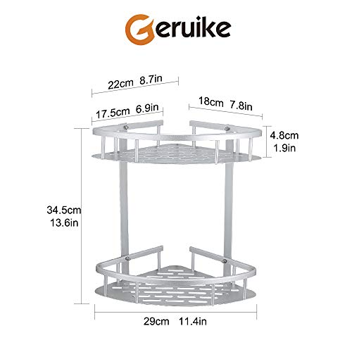 GERUIKE Estante Ducha Rinconera Ducha Estanteria Baño Cesta Ducha Adhesiva Bandeja almacenaje con 2 Ganchos para baño Cocina 2 Niveles Rinconera de Ducha Aluminio Taladro Plateado