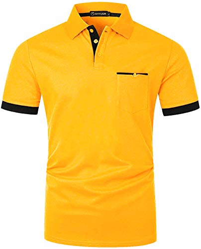 GHYUGR Hombre Polos Manga Corta con Bolsillo Real Elegante Colores de Contraste Camisa Golf Verano Tops Trabajo Camisetas (XL, Amarillo)