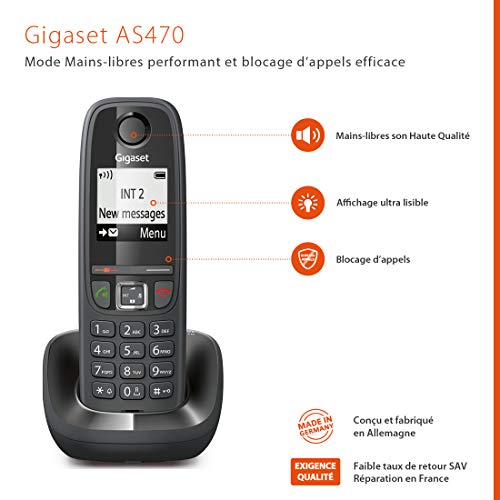 Gigaset AS470 Duo - Teléfono (Teléfono DECT, Terminal inalámbrico, Altavoz, 100 entradas, Identificador de Llamadas, Negro)