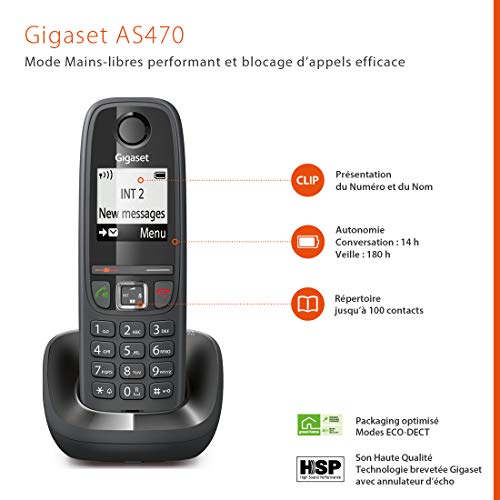 Gigaset AS470 Duo - Teléfono (Teléfono DECT, Terminal inalámbrico, Altavoz, 100 entradas, Identificador de Llamadas, Negro)