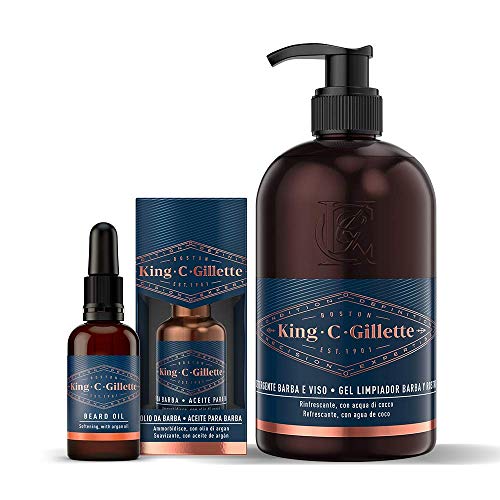 Gillette King C. Gel Limpiador Para Barba Y Rostro Para Hombre Con Agua De Coco, 350 ml + Gillette King C. Aceite De Barba Para Hombre, Semillas De Macadamia Y Almendra, 30 ml