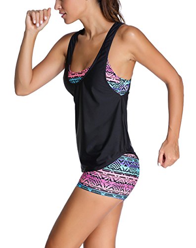 Glamouro Mujer Tankini con Sujetador Deportivo Boyshorts Trajes de Baño de Dos Piezas (S, Mezcla de Color 1)