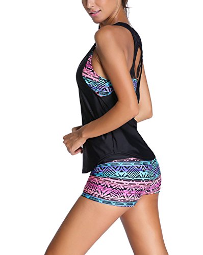 Glamouro Mujer Tankini con Sujetador Deportivo Boyshorts Trajes de Baño de Dos Piezas (S, Mezcla de Color 1)