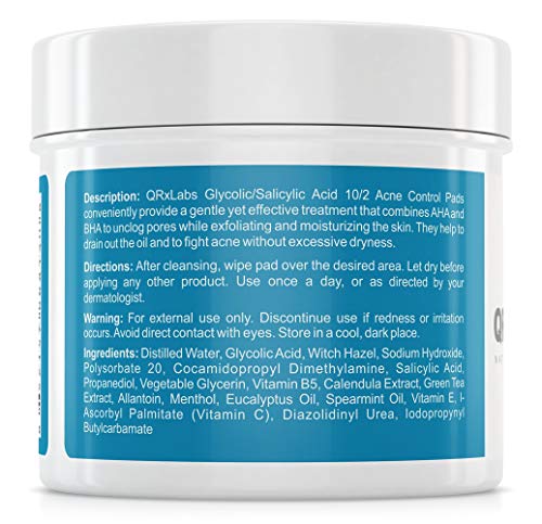 Glicólico/ácido salicílico 10/2 almohadillas para el control del acné con 10% Ácido glicolico + 2% de ácido salicílico, alantoína, vitaminas B5, C y E, caléndula y té verde