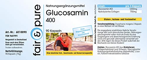 Glucosamina y Colágeno hidrolizado - Glucosamina 400mg con Colágeno 250mg - Alta pureza - 90 Cápsulas