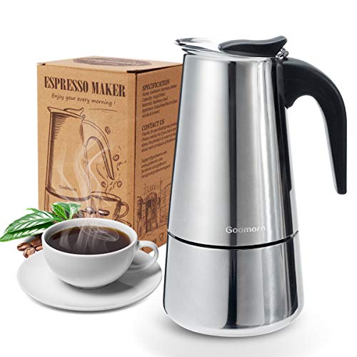 Godmorn Cafetera Italiana,Cafetera espressos en Acero inoxidable430,4tazas(Nota:1 Taza es 50ml),Conveniente para la Cocina de inducción,Cafetera Moka Clásica,Plata, Uso Doméstico y en la Oficina.
