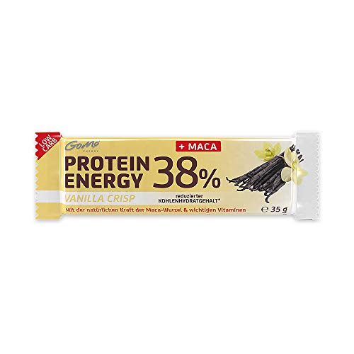 GoMo ENERGY® 38% BARRITAS PROTEÍNA│Programa de aumento de la energía y la pérdida de grasa │1000 mg de maca + L-carnitina y vitaminas B │Fuente de proteína de alta calidad | VANILLA CRISP 18x35g