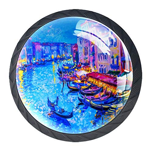 Góndola Barco Y Venecia Pintura Al óleo 4 Piezas Perilla del Cajón del Gabinete,Mango de un Solo Orificio/Tirador de Puerta de Armario,Decoración del Hogar de Gabinete y Decoración del Hogar