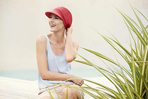 Gorra oncológica drapeada de algodón con visera y protección solar índice 50+ para mujeres en tratamiento con quimioterapia - rojo frambuesa
