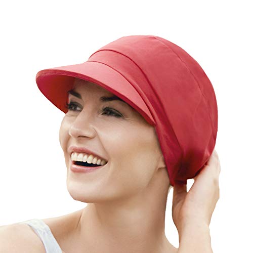 Gorra oncológica drapeada de algodón con visera y protección solar índice 50+ para mujeres en tratamiento con quimioterapia - rojo frambuesa