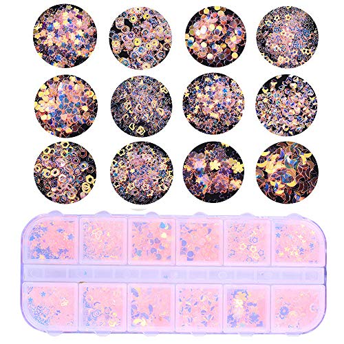 GOTONE 4 cajas de lentejuelas para uñas, copos de sirena iridiscentes ultrafinos Star Paillette 3D Nail Art Manicure Maquillaje Decoración de bricolaje para la cara Caja del teléfono celular