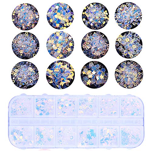 GOTONE 4 cajas de lentejuelas para uñas, copos de sirena iridiscentes ultrafinos Star Paillette 3D Nail Art Manicure Maquillaje Decoración de bricolaje para la cara Caja del teléfono celular